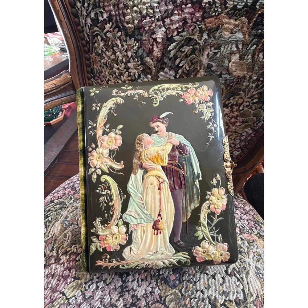 Antique Victorian Celluloid Velvet Photo Album Courting Couple C 1890s Rare